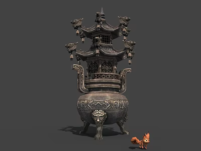 Ancient Style Multi Tiered Bronze Incense Burner With Carved Decorations And Small Fox Figurine 3d model