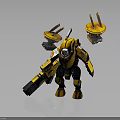 Yellow Mechanical Robot Character With Weapon And Back Red Light Antenna Structures 3d model