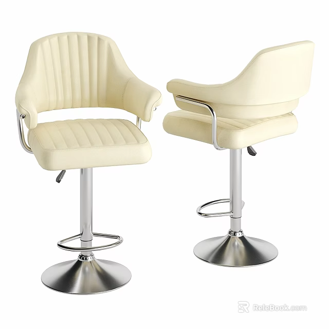 Cream Colored Leather Bar Stools With Vertical Tufted Seats Armrests And Adjustable Metal Base 3d model 