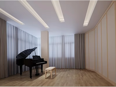Cultural Center Interior Design With Grand Piano Wooden Floor And Curtains 3d model