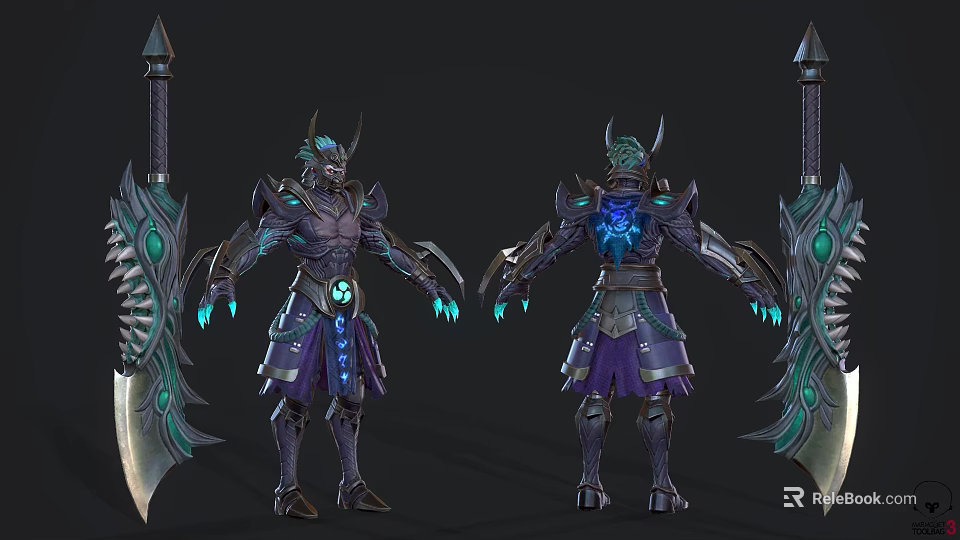 Dark Fantasy Game Movie Character With Glowing Armor Green Accents And Weapon Design 3d model 