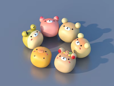 Cute Colorful Cartoon Shaped Pastries with Bear Pig Figures in Round Arrangement 3d model