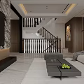 Modern Open Concept Dining and Living Room With Beige Sofa Gray Rug and Marble Flooring
