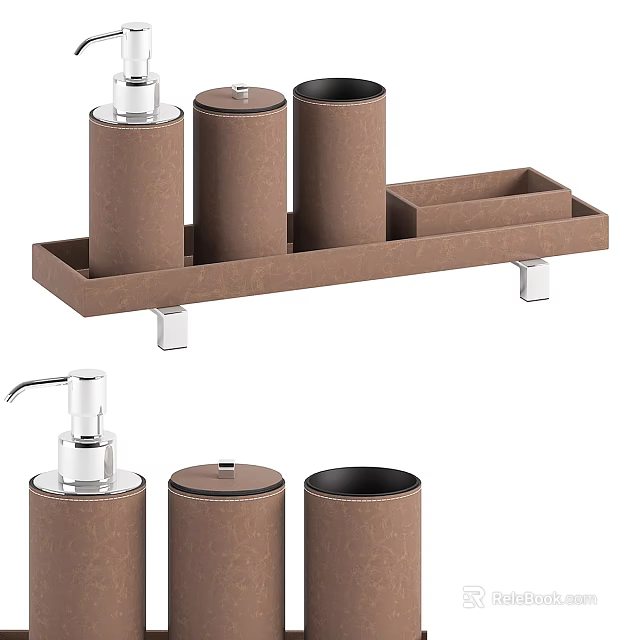 Elegant Brown Bathroom Accessories Set With Soap Dispenser Toothbrush Holder And Tray 3d model 