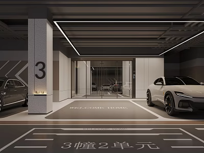 Modern Parking Garage Interior With Building 3 Unit 2 Welcome Home Signage And Parked Cars 3d model
