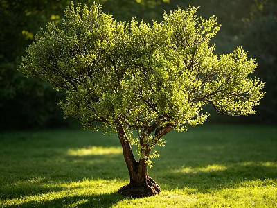 Lush Green Tree With Branching Trunk Standing In Sunlit Grass Field 3d model