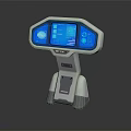Modern Interactive Terminal With Blue Digital Display And Stand Design