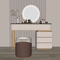 Modern Dressing Table With Round Mirror Cosmetics Leather Stool And Storage Drawers Against Striped Wall