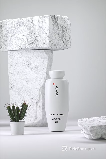 Minimalist SNOW SHOW White Cosmetic Bottle With Marble And Cactus 3d model 