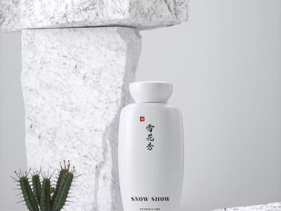 Minimalist SNOW SHOW White Cosmetic Bottle With Marble And Cactus 3d model