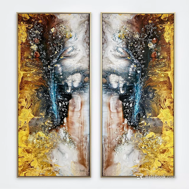 Symmetric Abstract Wall Art With Golden Blue Brown Textures For Home Decor 3d model 