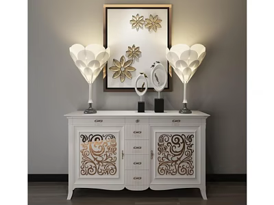 Elegant White Entryway Side Cabinet With Carved Patterns Table Lamps And Wall Decor Art 3d model