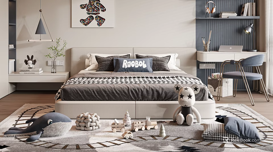 Cozy Kids Bed With Robot Pillow Gray Bedding And Stuffed Animal Toys 3d model 