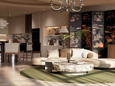 Modern Warm Open Plan Living And Dining Room Interior With Curved Sofa And Marble Table 3d model