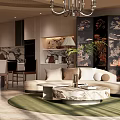 Modern Warm Open Plan Living And Dining Room Interior With Curved Sofa And Marble Table
