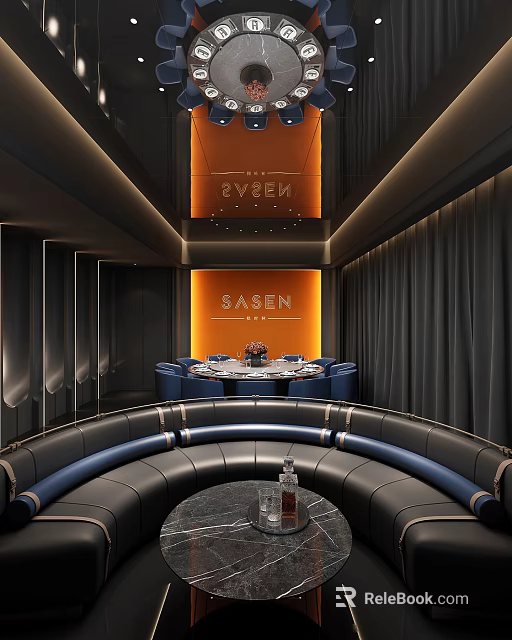 Modern Luxury Private Room With Round Dining Table Blue Seats Black Walls Orange SASEN Sign 3d model 