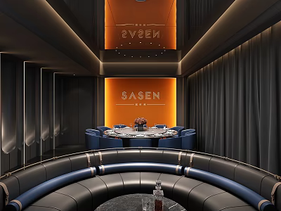 Modern Luxury Private Room With Round Dining Table Blue Seats Black Walls Orange SASEN Sign 3d model