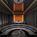 Modern Luxury Private Room With Round Dining Table Blue Seats Black Walls Orange SASEN Sign