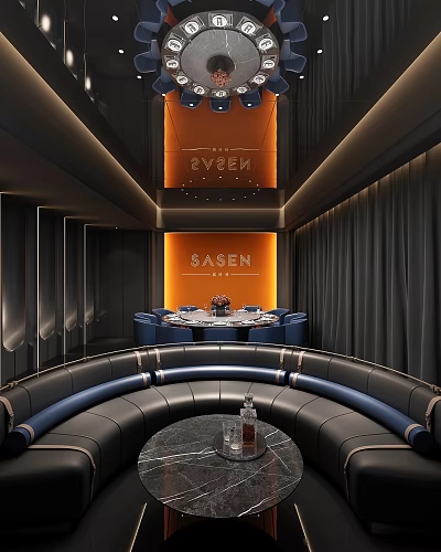 Modern Luxury Private Room With Round Dining Table Blue Seats Black Walls Orange SASEN Sign 3d model