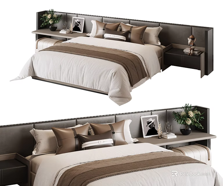 Modern Double Bed With Brown Beige Pillows Striped Bedspread And Nightstands With Vase Photo Frame 3d model 