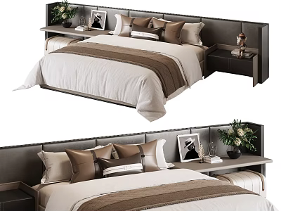 Modern Double Bed With Brown Beige Pillows Striped Bedspread And Nightstands With Vase Photo Frame 3d model