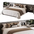 Modern Double Bed With Brown Beige Pillows Striped Bedspread And Nightstands With Vase Photo Frame