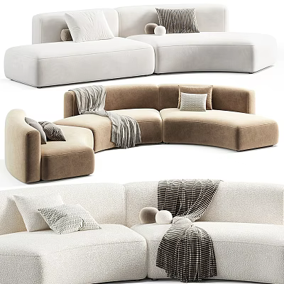 Curved Beige And Brown Sofa Interior With Pillows And Blankets Design 3d model
