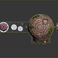 Brick Oven Scene With Counter Pink Cake White Plates Wood Logs Broom And Green Moss