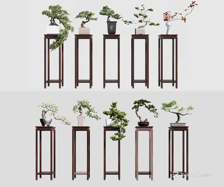 Multiple Wooden Plant Stands With Bonsai Plants In Various Decorative Designs 3d model 