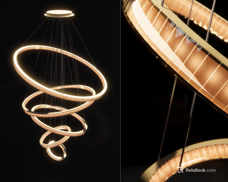 Contemporary Spiral Shaped Ring Chandelier With Illuminated Multiple Hanging Rings Design 3d model 