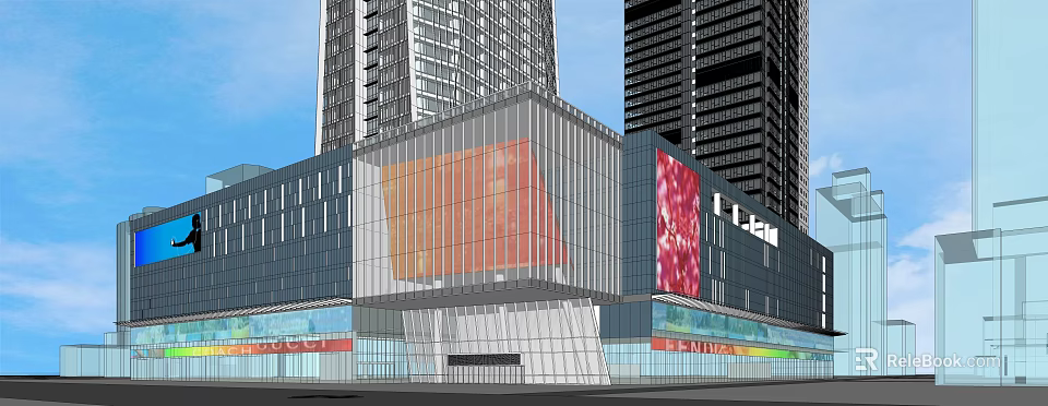 Modern Commercial Complex With Glass Facade And Large Digital Billboard Near High Rises 3d model 