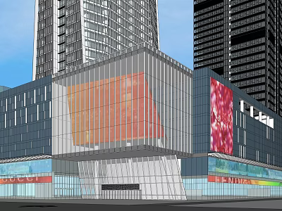 Modern Commercial Complex With Glass Facade And Large Digital Billboard Near High Rises 3d model