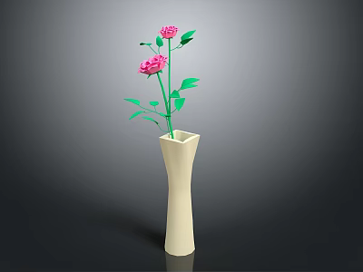 Tall White Vase With Pink Flowers Green Leaves And Stem 3d model