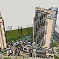 Modern Commercial Street With Pedestrian Area Shops Trees Tall Buildings And Cars