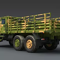 Camouflage Military Utility Truck with Open Flatbed Cargo Bed and Multiple Off-Road Wheels Design