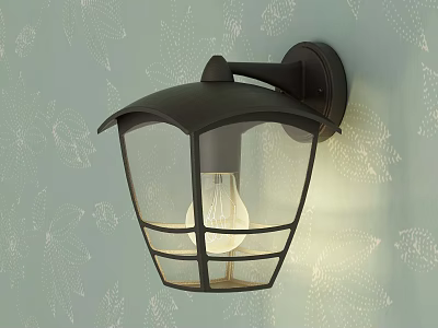 Black Wall Lamp With Transparent Glass Shade Mounted On Leaf Patterned Wall Illuminating Warm Light 3d model