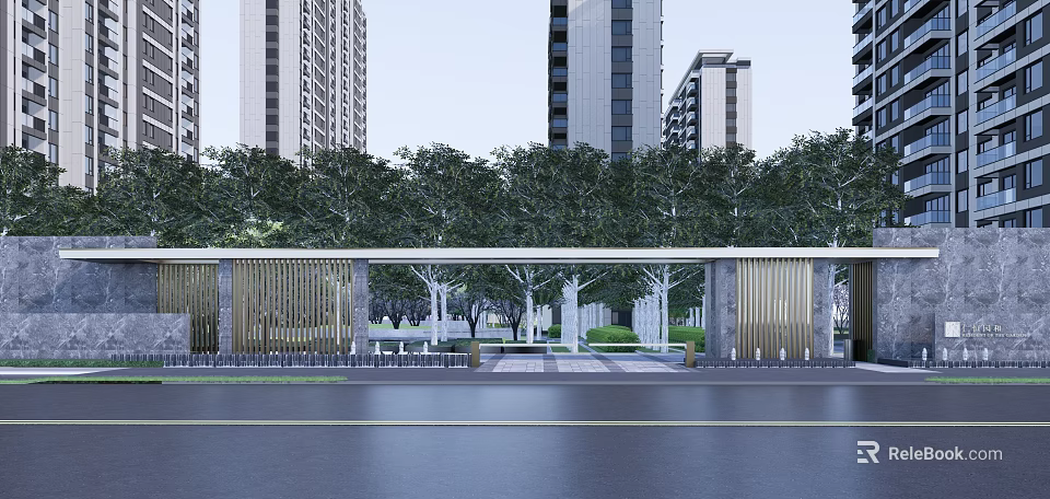 Modern Residential Landscape With Tall Buildings Lush Trees And Paved Walkway 3d model 