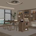 Elegant Tea Room Interior With Wooden Table Stools Storage Cabinets Plants And Ceiling Lamp