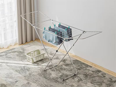 Foldable Metal Clothes Drying Rack Indoor With Hanging Clothes And Laundry Basket 3d model