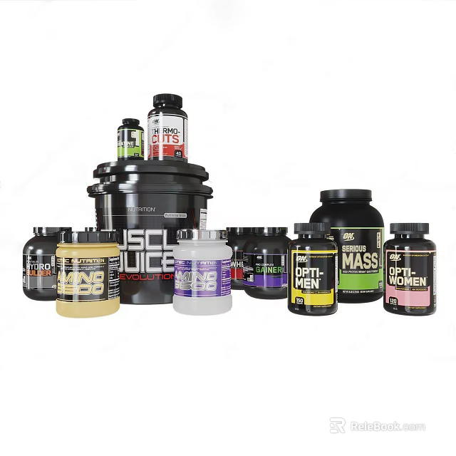 Assorted Fitness Food Supplements Including Protein Powder And Creatine Containers 3d model 