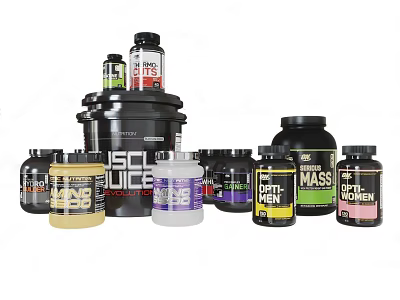 Assorted Fitness Food Supplements Including Protein Powder And Creatine Containers 3d model
