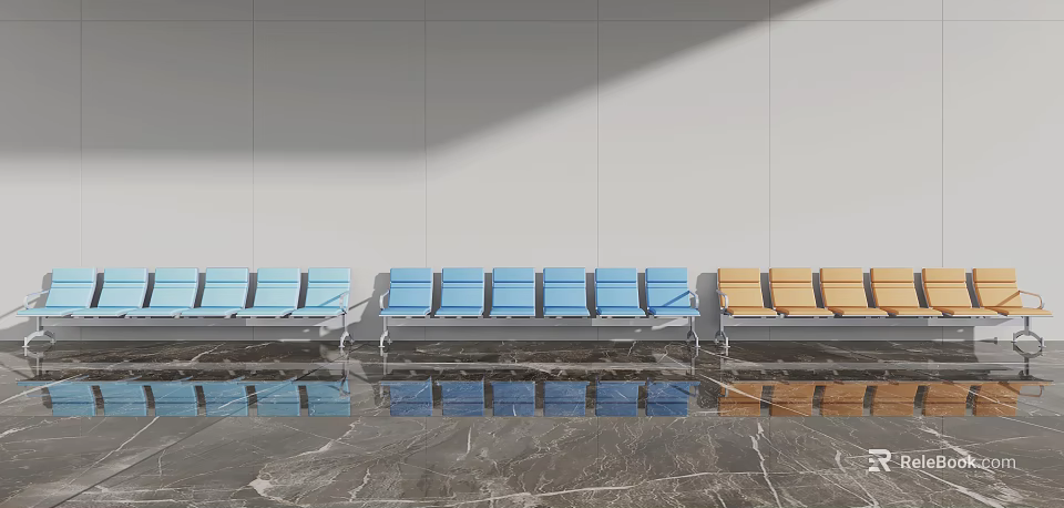 Neatly Arranged Blue And Yellow Public Chairs In Modern Hall With Marble Floor 3d model 