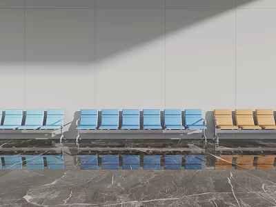 Neatly Arranged Blue And Yellow Public Chairs In Modern Hall With Marble Floor 3d model