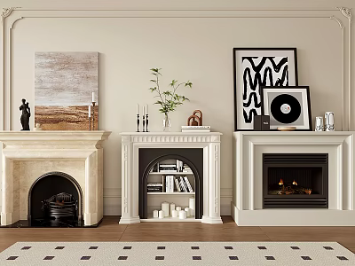 Three Stylish Fireplace Designs with Paintings Plants Books Candles and Vinyl Record 3d model
