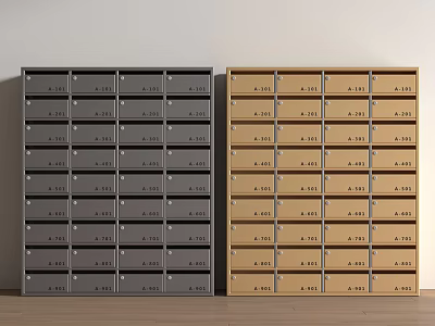 Gray and Brown Mailboxes with Multiple Compartments and Numbered Labels Indoor 3d model