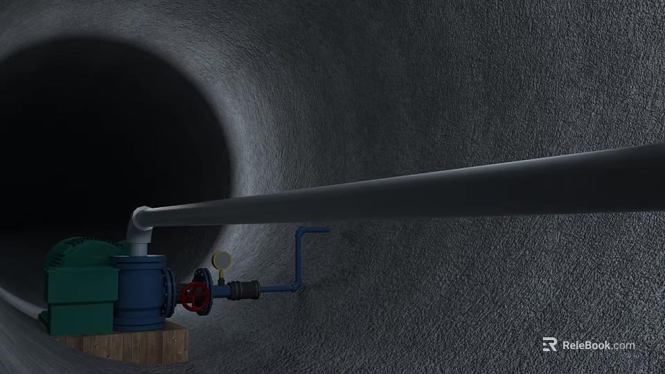 Construction Site Underground Pipe Installation With Valves Equipment And Tunnel Wall 3d model 