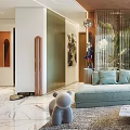 Elegant Modern Living and Dining Room Interior With Light Blue Sofa And Marble Coffee Table