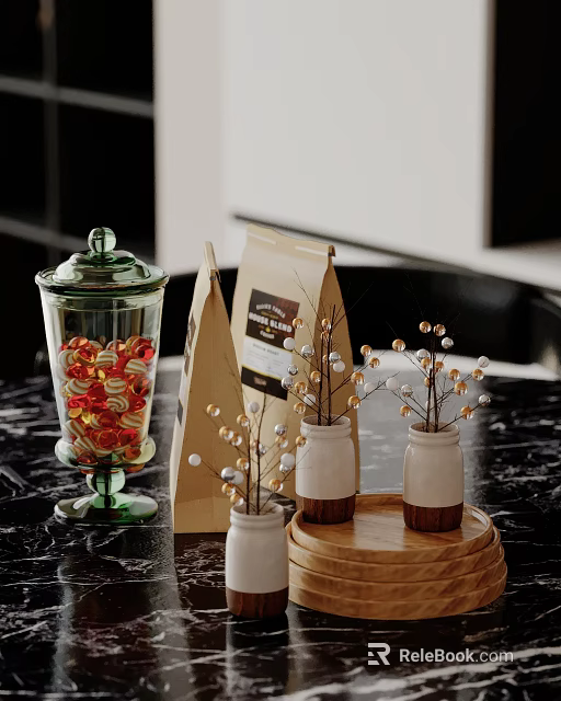 Decorative Ornament Set with Glass Jar Candies Coffee Bag Beaded Branch Vases and Wooden Tray 3d model 