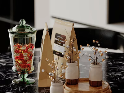 Decorative Ornament Set with Glass Jar Candies Coffee Bag Beaded Branch Vases and Wooden Tray 3d model