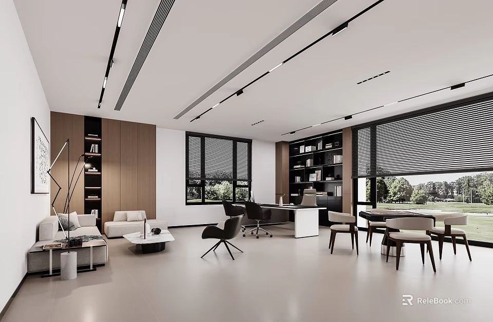 Modern Office Interior With Open Layout Large Windows Bookshelves Sofa And Work Desks 3d model